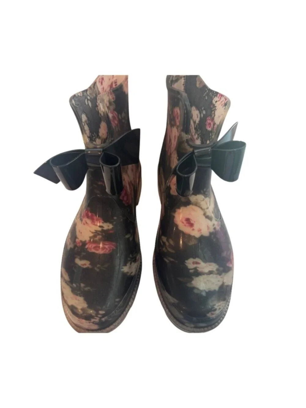 Women’s EU 38 US 7.5-8 Black Floral Ankle Rain Boots Bow Detail